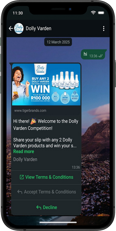 WhatsApp competition bot for Tiger Brands on a phone