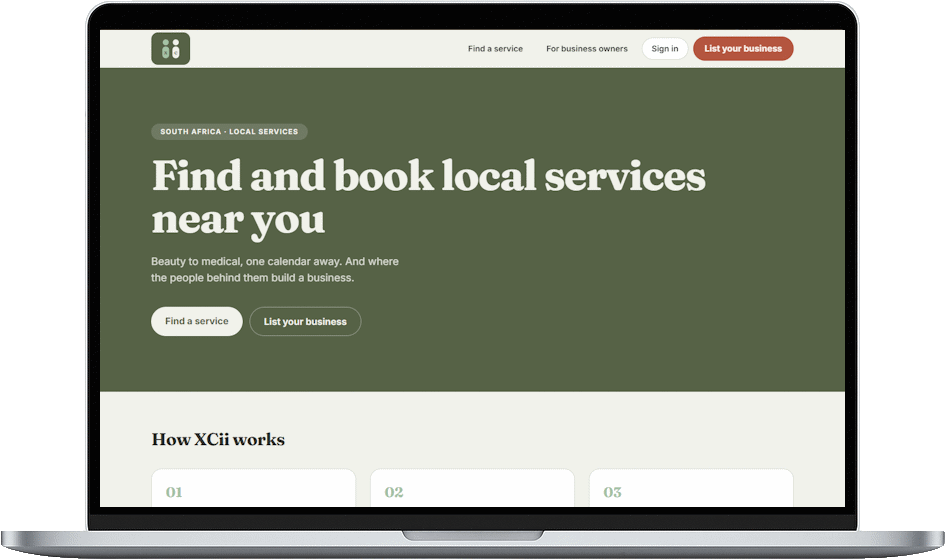 XCii home screen - find and book local services