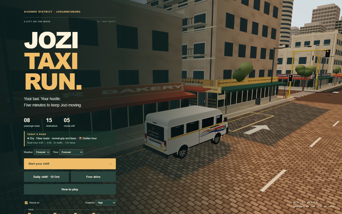 Jozi Taxi Run title screen - a minibus taxi in Gauteng livery at the Sisonke taxi rank